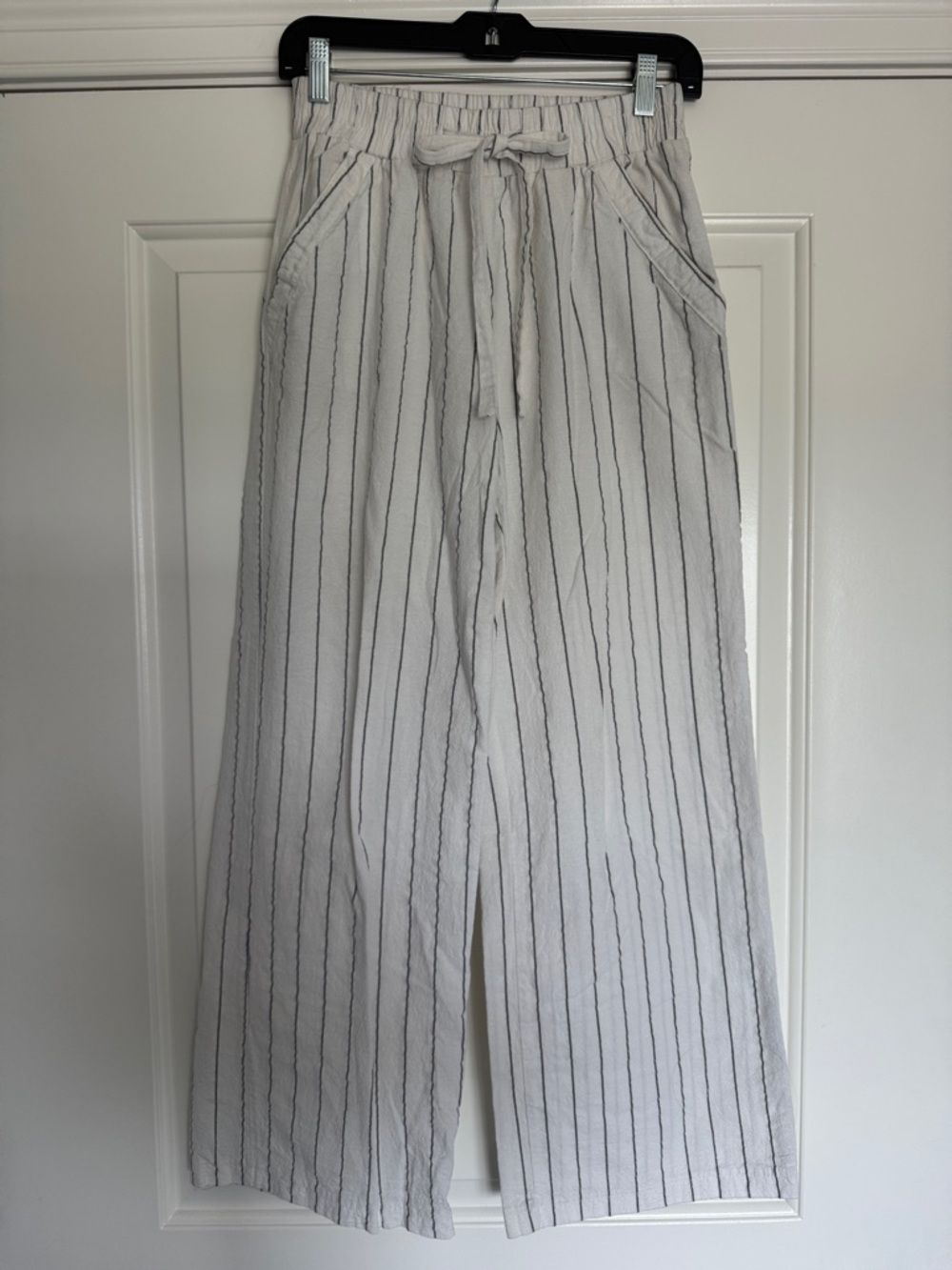 Sienna Sky White Wide-Leg Linen-Blend Pants with Black Pinstripes